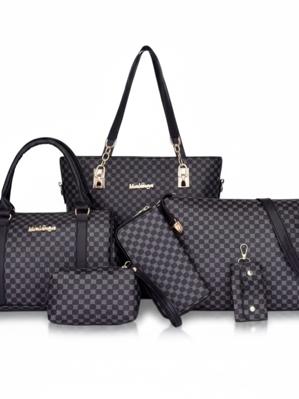 Luxury Style 4pc Black Monogram Handbag Set Tote Crossbody Wristlet